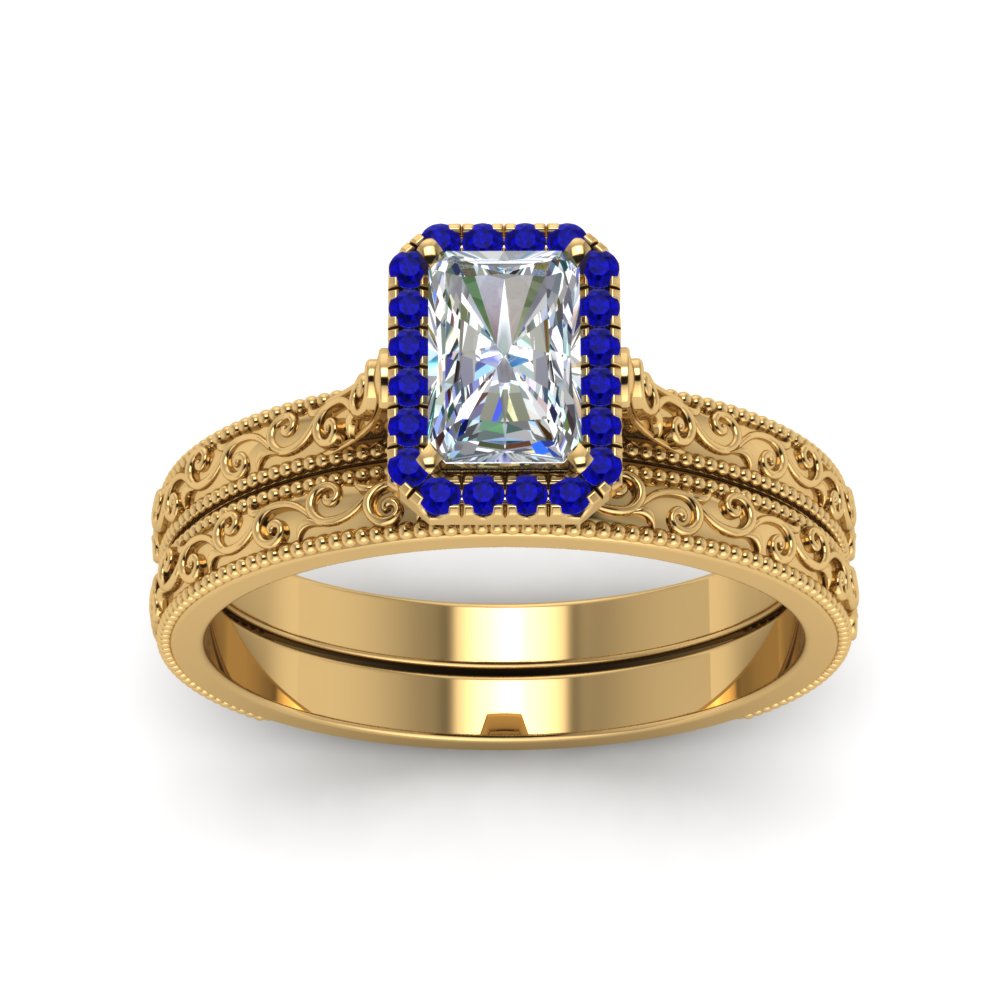 hand-engraved-radiant-cut-halo-diamond-wedding-ring-set-with-sapphire-in-yellow-gold-FD8588RAGSABLANGLE5-NL-YG?v=1757665273