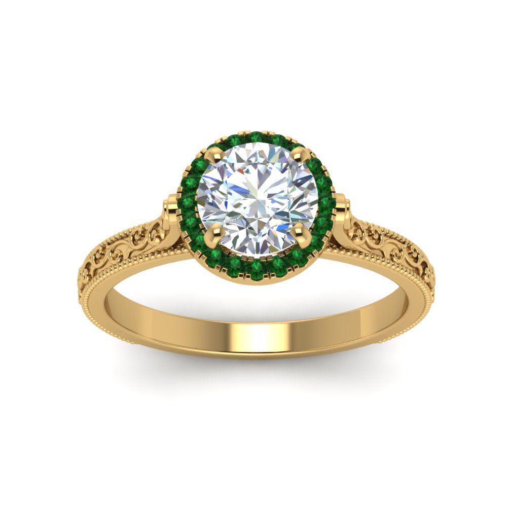 hand-engraved-round-cut-halo-diamond-engagement-ring-with-emerald-in-yellow-gold-FD8588RORGEMGRANGLE5-NL-YG?v=1757588456