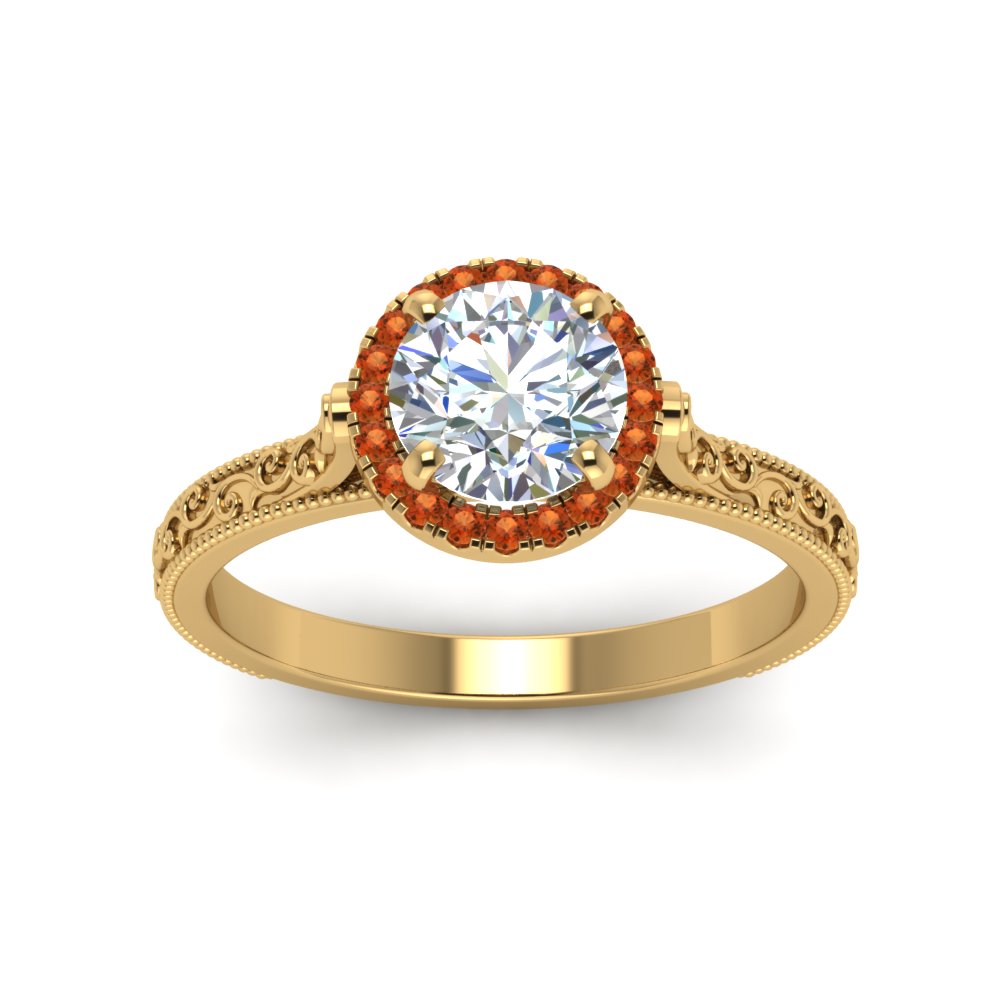 hand-engraved-round-cut-halo-diamond-engagement-ring-with-orange-sapphire-in-yellow-gold-FD8588RORGSAORANGLE5-NL-YG?v=1757588453