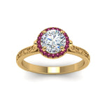 Load image into Gallery viewer, hand-engraved-round-cut-halo-diamond-engagement-ring-with-pink-sapphire-in-yellow-gold-FD8588RORGSADRPIANGLE5-NL-YG?v=1757588454
