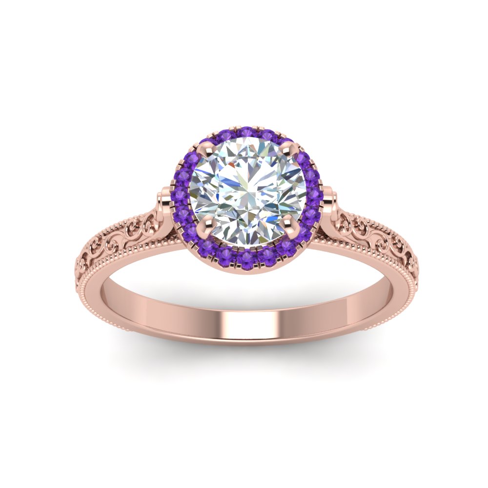 hand-engraved-round-cut-halo-diamond-engagement-ring-with-purple-topaz-in-rose-gold-FD8588RORGVITOANGLE5-NL-RG?v=1757588456