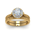Load image into Gallery viewer, hand-engraved-round-cut-halo-diamond-wedding-ring-set-in-yellow-gold-FD8588ROANGLE5-NL-YG?v=1757665292