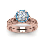 Load image into Gallery viewer, hand-engraved-round-cut-halo-diamond-wedding-ring-set-with-blue-topaz-in-rose-gold-FD8588ROGICBLTOANGLE5-NL-RG?v=1757665293