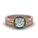 Load image into Gallery viewer, hand-engraved-round-cut-halo-diamond-wedding-ring-set-with-emerald-in-rose-gold-FD8588ROGEMGR-NL-RG_027f26a5-d375-4491-878f-4248df907265?v=1757665403

