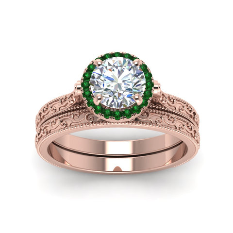 hand-engraved-round-cut-halo-diamond-wedding-ring-set-with-emerald-in-rose-gold-FD8588ROGEMGRANGLE5-NL-RG?v=1757665292
