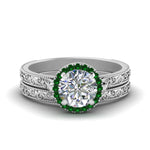 Load image into Gallery viewer, hand-engraved-round-cut-halo-diamond-wedding-ring-set-with-emerald-in-white-gold-FD8588ROGEMGR-NL-WG?v=1757665292