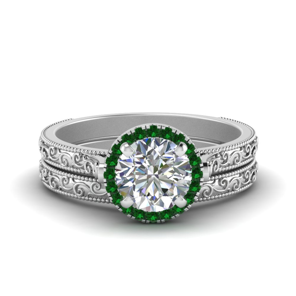 hand-engraved-round-cut-halo-diamond-wedding-ring-set-with-emerald-in-white-gold-FD8588ROGEMGR-NL-WG?v=1757665292
