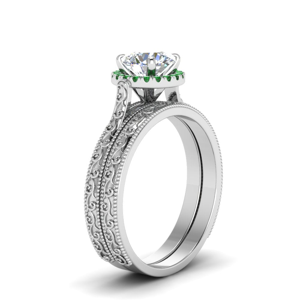 hand-engraved-round-cut-halo-diamond-wedding-ring-set-with-emerald-in-white-gold-FD8588ROGEMGRANGLE2-NL-WG?v=1757665292