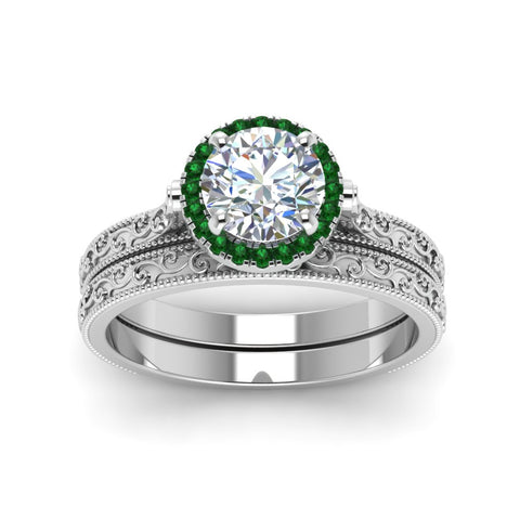 hand-engraved-round-cut-halo-diamond-wedding-ring-set-with-emerald-in-white-gold-FD8588ROGEMGRANGLE5-NL-WG?v=1757665293