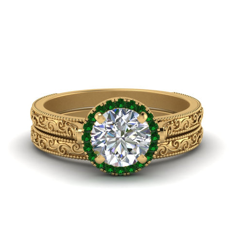 hand-engraved-round-cut-halo-diamond-wedding-ring-set-with-emerald-in-yellow-gold-FD8588ROGEMGR-NL-YG?v=1757665292