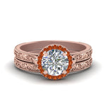 Load image into Gallery viewer, hand-engraved-round-cut-halo-diamond-wedding-ring-set-with-orange-sapphire-in-rose-gold-FD8588ROGSAOR-NL-RG?v=1757665292