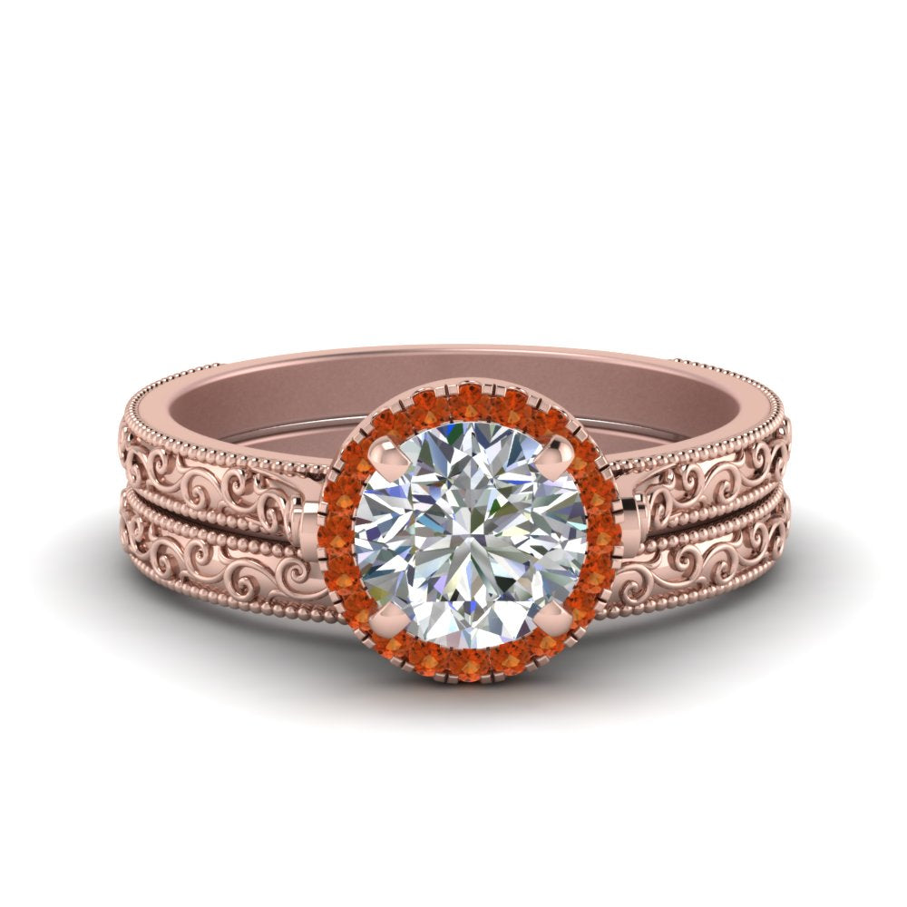 hand-engraved-round-cut-halo-diamond-wedding-ring-set-with-orange-sapphire-in-rose-gold-FD8588ROGSAOR-NL-RG?v=1757665292