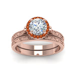 Load image into Gallery viewer, hand-engraved-round-cut-halo-diamond-wedding-ring-set-with-orange-sapphire-in-rose-gold-FD8588ROGSAORANGLE5-NL-RG?v=1757665292