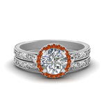 Load image into Gallery viewer, hand-engraved-round-cut-halo-diamond-wedding-ring-set-with-orange-sapphire-in-white-gold-FD8588ROGSAOR-NL-WG?v=1757665292