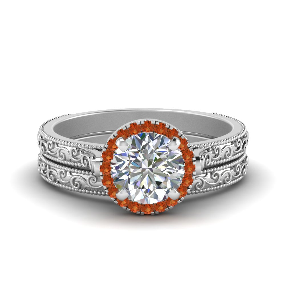 hand-engraved-round-cut-halo-diamond-wedding-ring-set-with-orange-sapphire-in-white-gold-FD8588ROGSAOR-NL-WG?v=1757665292