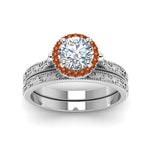 Load image into Gallery viewer, hand-engraved-round-cut-halo-diamond-wedding-ring-set-with-orange-sapphire-in-white-gold-FD8588ROGSAORANGLE5-NL-WG?v=1757665293