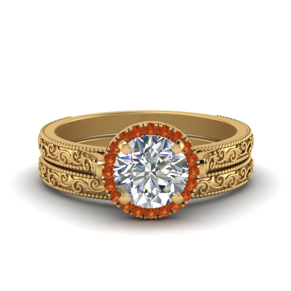hand-engraved-round-cut-halo-diamond-wedding-ring-set-with-orange-sapphire-in-yellow-gold-FD8588ROGSAOR-NL-YG?v=1757665292