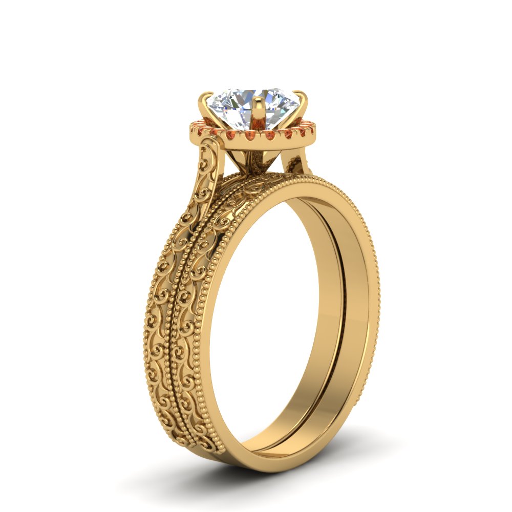 hand-engraved-round-cut-halo-diamond-wedding-ring-set-with-orange-sapphire-in-yellow-gold-FD8588ROGSAORANGLE2-NL-YG?v=1757665292