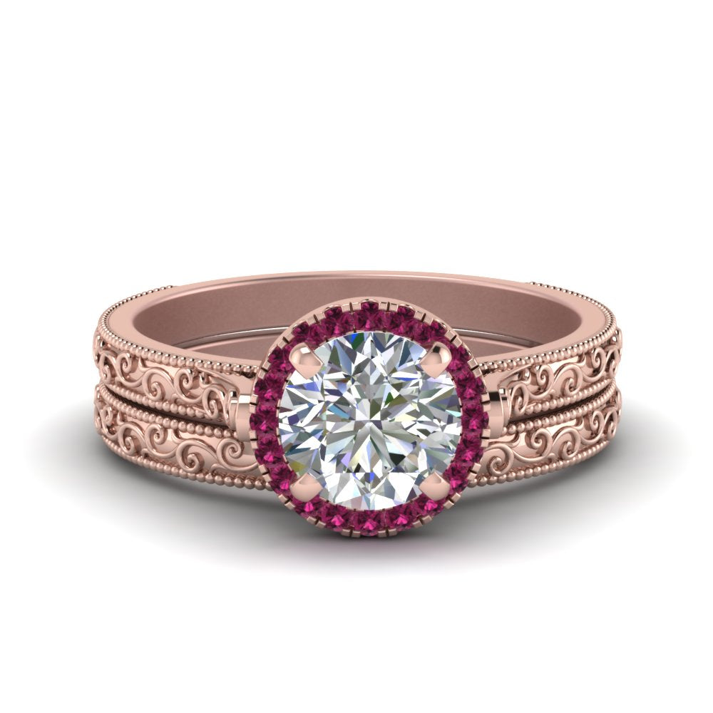 hand-engraved-round-cut-halo-diamond-wedding-ring-set-with-pink-sapphire-in-rose-gold-FD8588ROGSADRPI-NL-RG?v=1757665292
