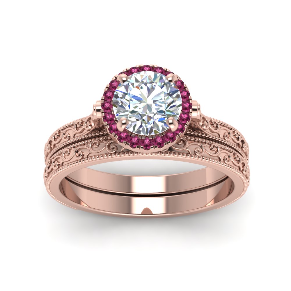 hand-engraved-round-cut-halo-diamond-wedding-ring-set-with-pink-sapphire-in-rose-gold-FD8588ROGSADRPIANGLE5-NL-RG?v=1757665292