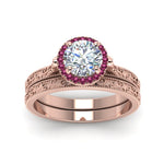 Load image into Gallery viewer, hand-engraved-round-cut-halo-diamond-wedding-ring-set-with-pink-sapphire-in-rose-gold-FD8588ROGSADRPIANGLE5-NL-RG_3f756f4c-1bc6-442e-ab1d-275ed5c9531a?v=1757665403
