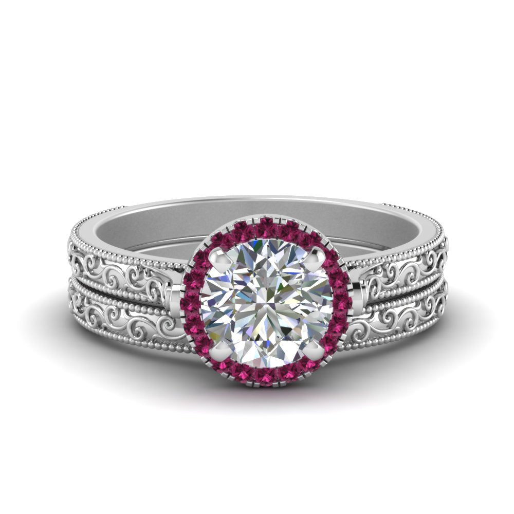 hand-engraved-round-cut-halo-diamond-wedding-ring-set-with-pink-sapphire-in-white-gold-FD8588ROGSADRPI-NL-WG?v=1757665292