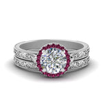 Load image into Gallery viewer, hand-engraved-round-cut-halo-diamond-wedding-ring-set-with-pink-sapphire-in-white-gold-FD8588ROGSADRPI-NL-WG_89b04cd2-d68e-4902-8bab-3a60a246a3d0?v=1757665403
