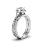 Load image into Gallery viewer, hand-engraved-round-cut-halo-diamond-wedding-ring-set-with-pink-sapphire-in-white-gold-FD8588ROGSADRPIANGLE2-NL-WG?v=1757665292