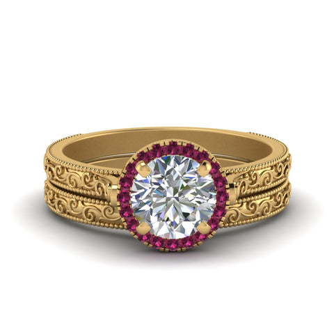 hand-engraved-round-cut-halo-diamond-wedding-ring-set-with-pink-sapphire-in-yellow-gold-FD8588ROGSADRPI-NL-YG?v=1757665295