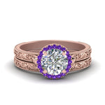 Load image into Gallery viewer, hand-engraved-round-cut-halo-diamond-wedding-ring-set-with-purple-topaz-in-rose-gold-FD8588ROGVITO-NL-RG_4b5a427b-43e4-4036-af02-7db703891e63?v=1757665404
