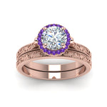 Load image into Gallery viewer, hand-engraved-round-cut-halo-diamond-wedding-ring-set-with-purple-topaz-in-rose-gold-FD8588ROGVITOANGLE5-NL-RG?v=1757665292