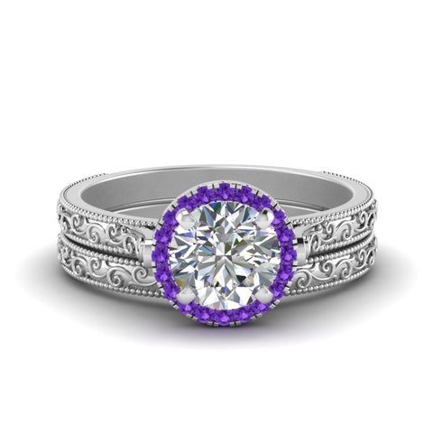 hand-engraved-round-cut-halo-diamond-wedding-ring-set-with-purple-topaz-in-white-gold-FD8588ROGVITO-NL-WG?v=1757665292