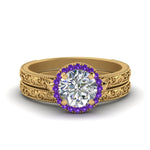 Load image into Gallery viewer, hand-engraved-round-cut-halo-diamond-wedding-ring-set-with-purple-topaz-in-yellow-gold-FD8588ROGVITO-NL-YG?v=1757665293