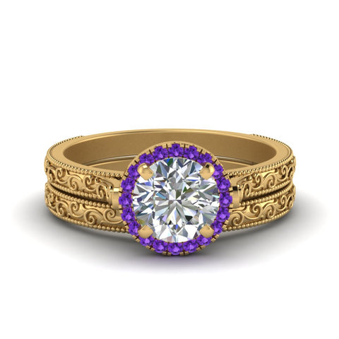 hand-engraved-round-cut-halo-diamond-wedding-ring-set-with-purple-topaz-in-yellow-gold-FD8588ROGVITO-NL-YG?v=1757665293