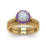 Load image into Gallery viewer, hand-engraved-round-cut-halo-diamond-wedding-ring-set-with-purple-topaz-in-yellow-gold-FD8588ROGVITOANGLE5-NL-YG?v=1757665292