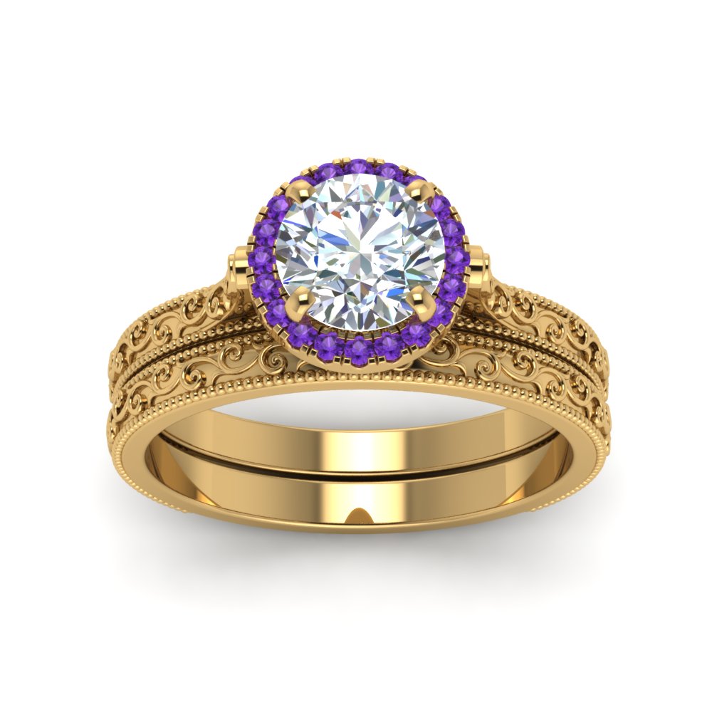 hand-engraved-round-cut-halo-diamond-wedding-ring-set-with-purple-topaz-in-yellow-gold-FD8588ROGVITOANGLE5-NL-YG?v=1757665292