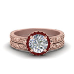 Load image into Gallery viewer, hand-engraved-round-cut-halo-diamond-wedding-ring-set-with-ruby-in-rose-gold-FD8588ROGRUDR-NL-RG_1635acff-da70-41c0-8bab-bb2ea7d01210?v=1757665404
