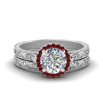 Load image into Gallery viewer, hand-engraved-round-cut-halo-diamond-wedding-ring-set-with-ruby-in-white-gold-FD8588ROGRUDR-NL-WG?v=1757665292