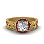 Load image into Gallery viewer, hand-engraved-round-cut-halo-diamond-wedding-ring-set-with-ruby-in-yellow-gold-FD8588ROGRUDR-NL-YG?v=1757665293