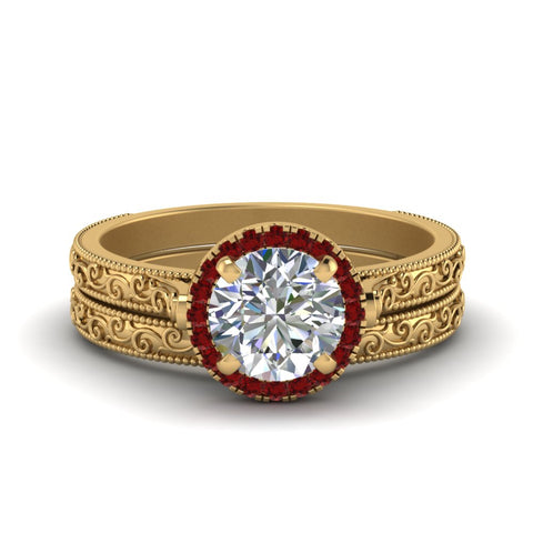 hand-engraved-round-cut-halo-diamond-wedding-ring-set-with-ruby-in-yellow-gold-FD8588ROGRUDR-NL-YG?v=1757665293