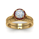 Load image into Gallery viewer, hand-engraved-round-cut-halo-diamond-wedding-ring-set-with-ruby-in-yellow-gold-FD8588ROGRUDRANGLE5-NL-YG?v=1757665292