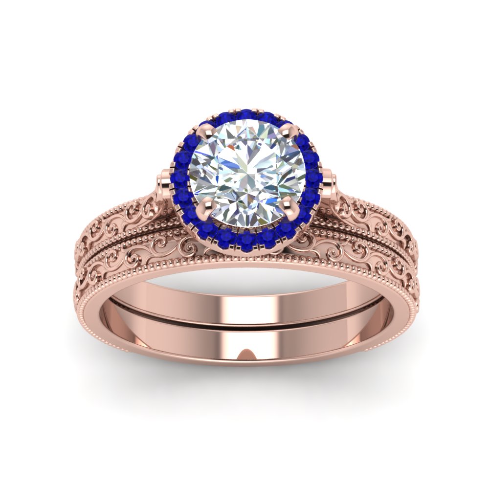 hand-engraved-round-cut-halo-diamond-wedding-ring-set-with-sapphire-in-rose-gold-FD8588ROGSABLANGLE5-NL-RG?v=1757665292