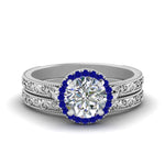 Load image into Gallery viewer, hand-engraved-round-cut-halo-diamond-wedding-ring-set-with-sapphire-in-white-gold-FD8588ROGSABL-NL-WG?v=1757665293