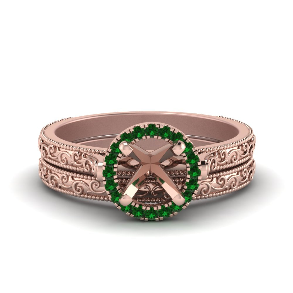 hand-engraved-semi-mount-halo-diamond-wedding-ring-set-with-emerald-in-rose-gold-FD8588ROSMGEMGR-NL-RG?v=1757666482