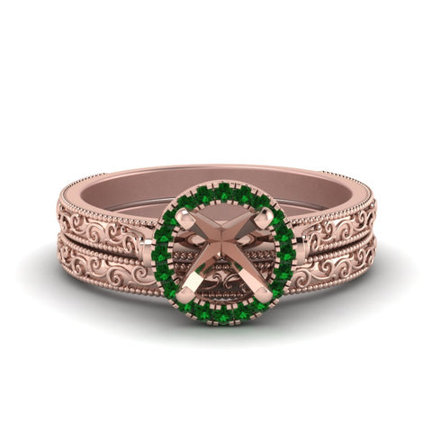 hand-engraved-semi-mount-halo-diamond-wedding-ring-set-with-emerald-in-rose-gold-FD8588ROSMGEMGR-NL-RG?v=1757666482