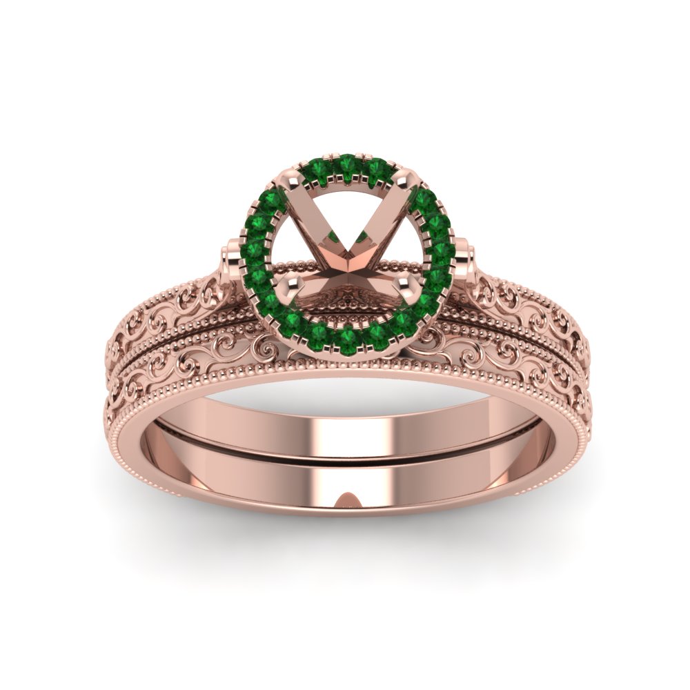 hand-engraved-semi-mount-halo-diamond-wedding-ring-set-with-emerald-in-rose-gold-FD8588ROSMGEMGRANGLE5-NL-RG?v=1757666483