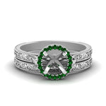 Load image into Gallery viewer, hand-engraved-semi-mount-halo-diamond-wedding-ring-set-with-emerald-in-white-gold-FD8588ROSMGEMGR-NL-WG?v=1757666482

