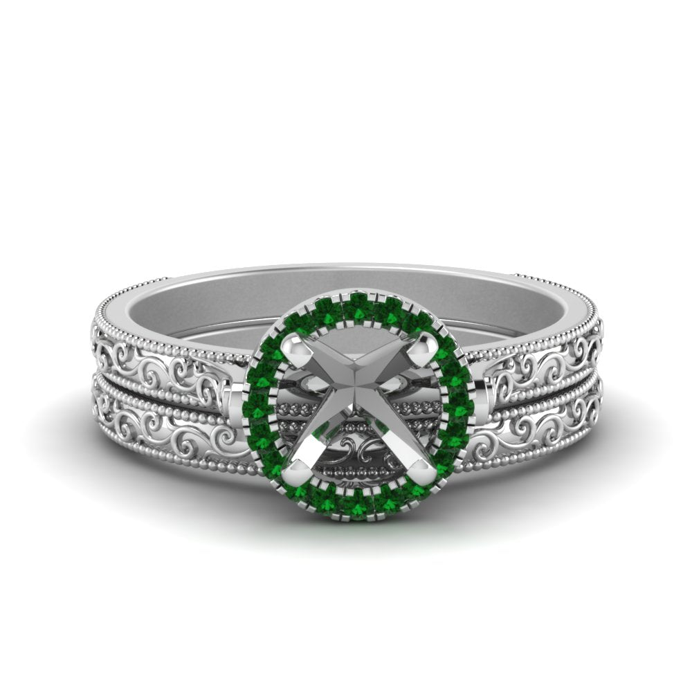 hand-engraved-semi-mount-halo-diamond-wedding-ring-set-with-emerald-in-white-gold-FD8588ROSMGEMGR-NL-WG?v=1757666482