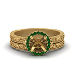 Load image into Gallery viewer, hand-engraved-semi-mount-halo-diamond-wedding-ring-set-with-emerald-in-yellow-gold-FD8588ROSMGEMGR-NL-YG?v=1757666482
