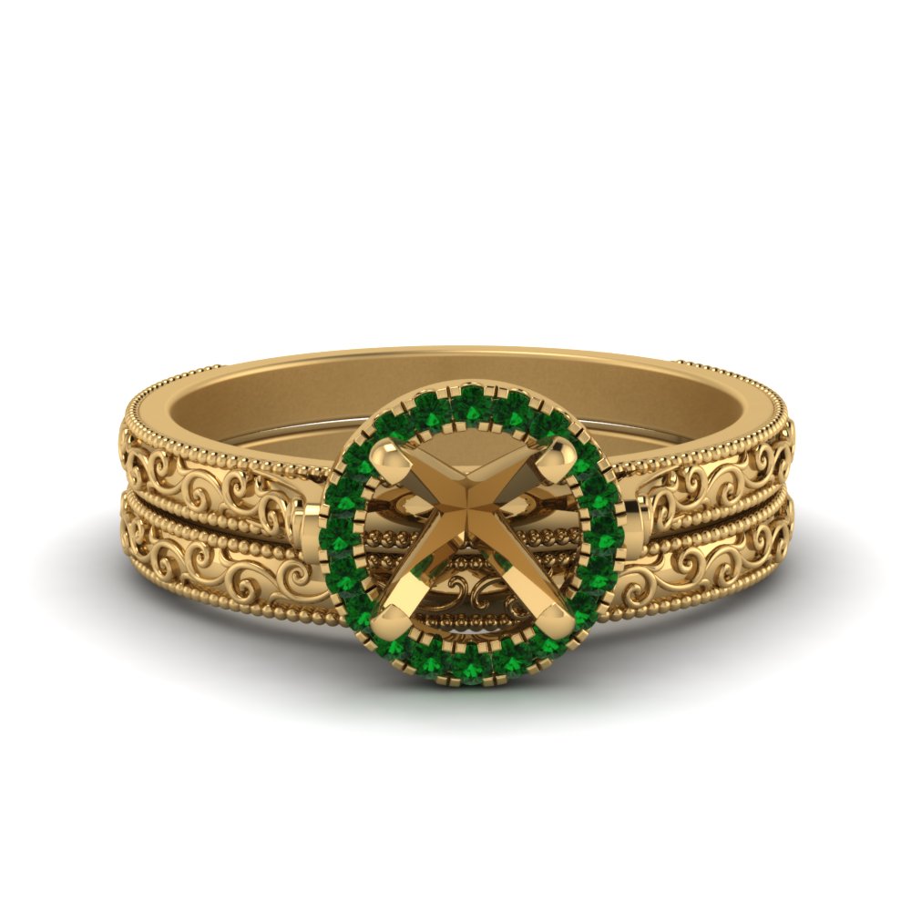 hand-engraved-semi-mount-halo-diamond-wedding-ring-set-with-emerald-in-yellow-gold-FD8588ROSMGEMGR-NL-YG?v=1757666482